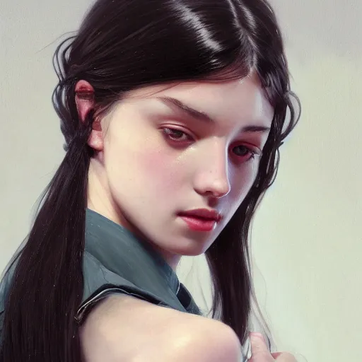 Prompt: portrait of teenage girl with long glossy black hair, glowing skin, delicate features, victoria wallace, fantasy, intricate, elegant, dress shirt and tie, highly detailed, digital painting, artstation, concept art, smooth, sharp focus, illustration, art by Krenz Cushart and Artem Demura and alphonse mucha