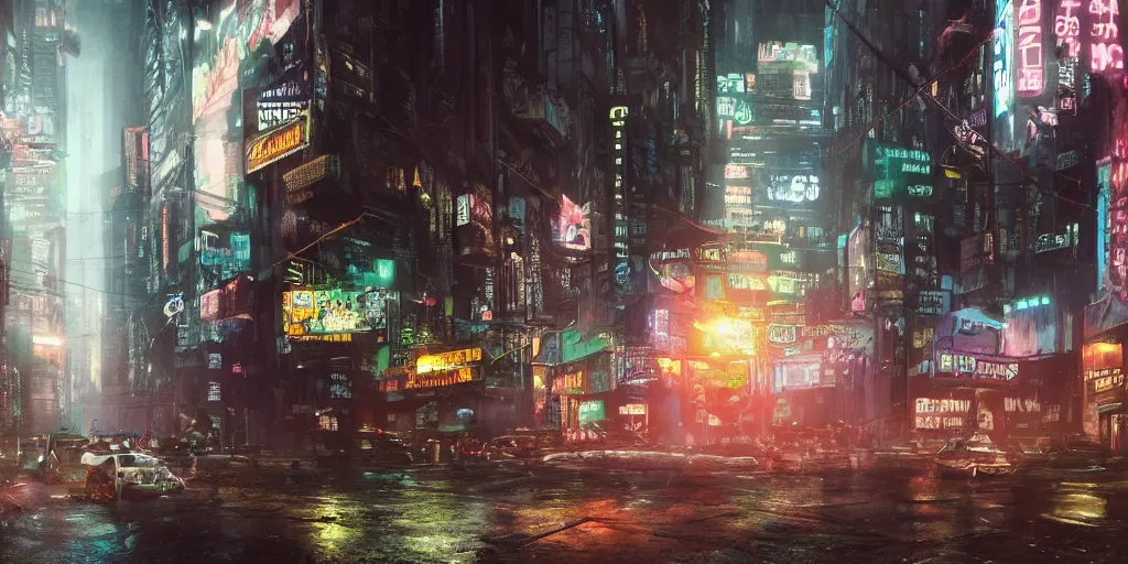 Image similar to a guatemalan solitary cyberpunk city with neon ads and signs with evocative dramatic mood with blade runner vibe with cars and floating vehicles with motion blur with depth of field with bloom with lightshaft with volumetric lights, fog, by jeremy mann, oscar winning graphics, photo realistic, bloom, imax, dynamic lighting, artstation,