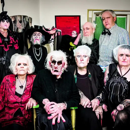 Image similar to an old age home for geriatric satan goths. photograph group portrait.