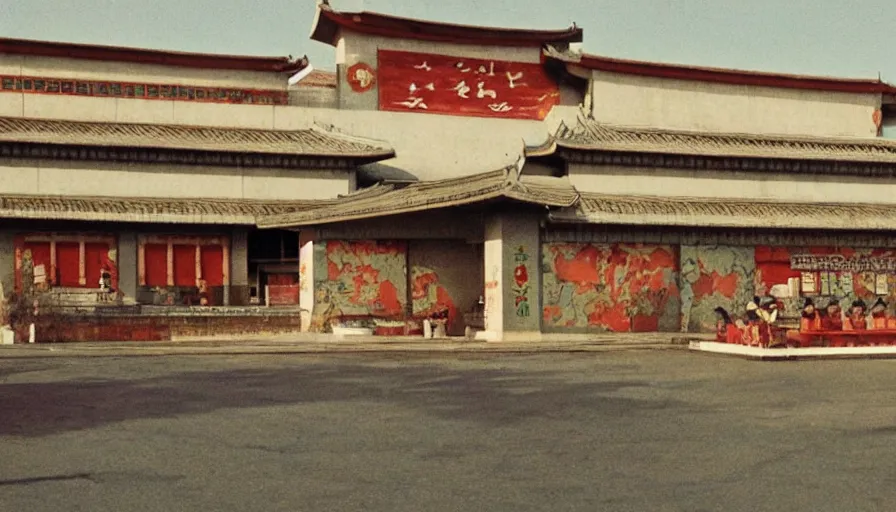 Image similar to 70s movie still of empty north-korean restaurant palace with propaganda fresco, eastmancolor, heavy grain, high quality, higly detailed