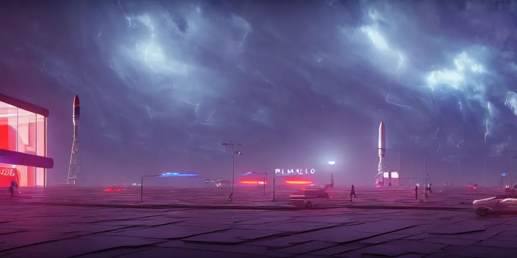 Image similar to a futuristic mexican colony, blade runner 2 0 4 9 city architecture, spacex starship rocket launch site, environmental lighting, stormy weather, ray tracing, people walking on street, amazing view, highly detailed, heavy traffic, neon shops, octane render, unreal engine 5, 4 k