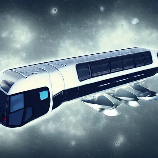 Prompt: concept design art of a spaceship made from a recycled passanger bus, highly detailed render, photorealistic, it is flying through space