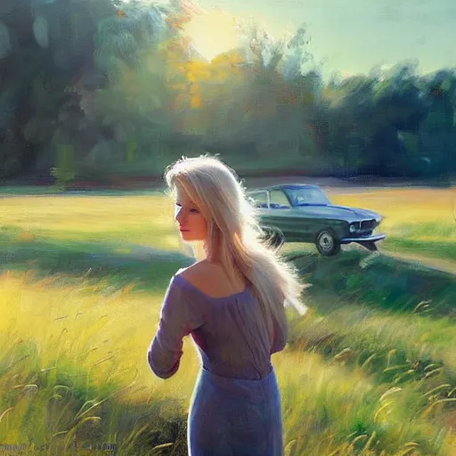 Image similar to blonde woman, green 1967 Ford Mustang, Swedish countryside, freedom, dawn, beautiful blonde woman, atmospheric, painting by Vladimir Volegov