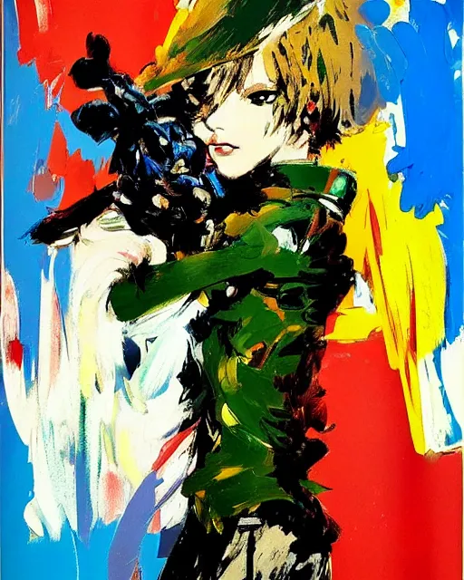 Image similar to Fashion model girl by Ashley Wood, Yoji Shinkawa, Jamie Hewlett, 60's French movie poster, French Impressionism, vivid colors, palette knife and brush strokes, Dutch tilt