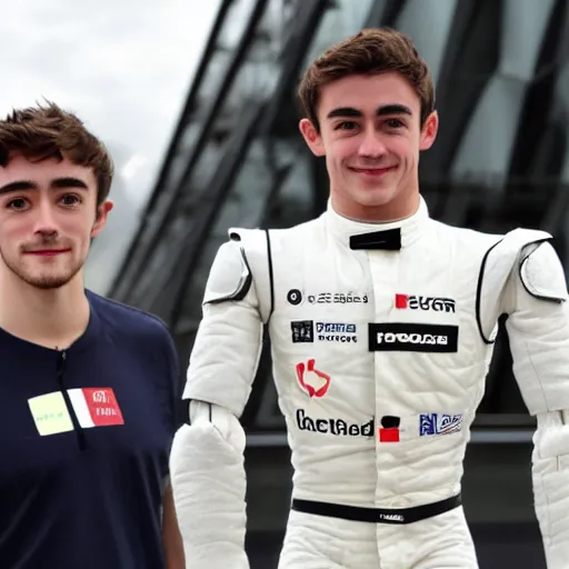 Image similar to f 1 driver charles leclerc, on display, posing like a statue, showing off his muscles, humanoid robot, who is a male android, shiny skin, made of ice, frozen ice statue, by the pool, a realistic detailed photo of a guy who is an attractive humanoid who is half robot and half humanoid, blank stare