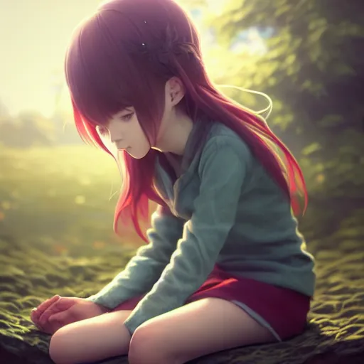 Prompt: very very small little girl by wlop, sitting on a gigantic green leaf by ilya kuvshinov, rtx rendering, octane render 1 2 8 k, 3 dsmax, extreme high intricate details by tom bagshaw, digital anime art by ross tran, medium shot, close up shot, composition by sana takeda, lighting by greg rutkowski