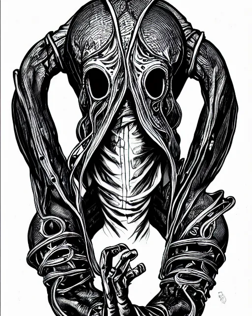 Image similar to illithid straitjacket!! black ink on paper, trending on artstation, beautiful, intricate, detailed