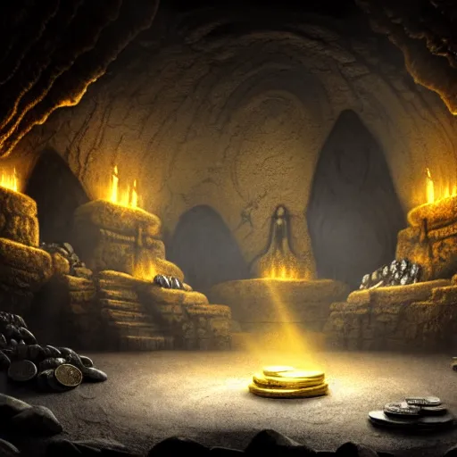 Image similar to a matte painting of a dark slate cave with a symmetrical skull of white flames in the center surrounded by a large number of glittering gold and silver coins and some treasure chests in the background, rays of light, dust, dim lighting, highly detailed, cinematic, high contrast, intricate, mystery, epic, dark fantasy, sense of awe, digital art