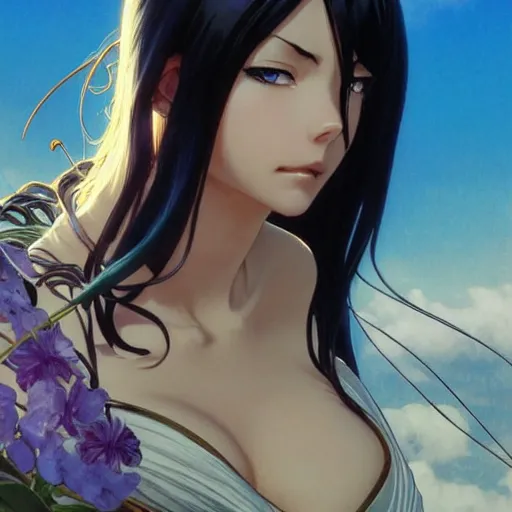 Image similar to highly detailed vfx portrait of nico robin by eiichiro oda, makoto shinkai, alphonse mucha, sharp focus, art by artgerm and greg rutkowski!, backlit, harsh overhead sunlight, blue eyes, takeshi obata, kaoru mori, tsutomu nihei, hayao miyazaki, pixiv, fanbox,