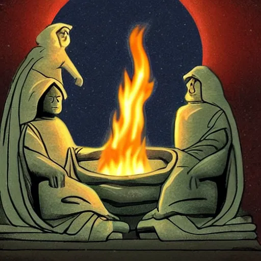 Prompt: figures in cloaks sit in front of a jade sacrificial altar behind which is a huge stone carving of their diety grumpy cat which glistens among the torches and moonlight, a gold cloaked figure preaches from a leatherbound book of memes as the moon begins to eclipse for their dark ritual
