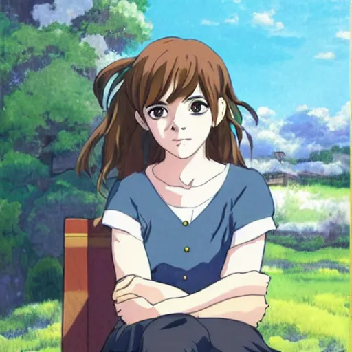 Image similar to a portrait painting of emma watson as anime girl by studio ghibli