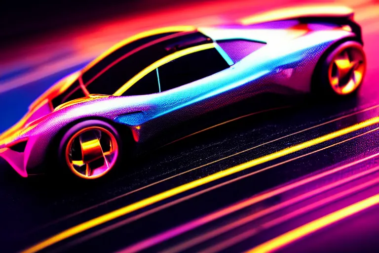 Prompt: closeup!! isometric macro photo of concept futuristic hot wheels super car on a reflective black floor, synthwave, tron, hyper detailed, smooth, high contrast, volumetric lighting, golden ratio, octane, jim lee, giorgetto giugiaro, craig mullins, chris bangle, ian callum!, vibrant rich deep color