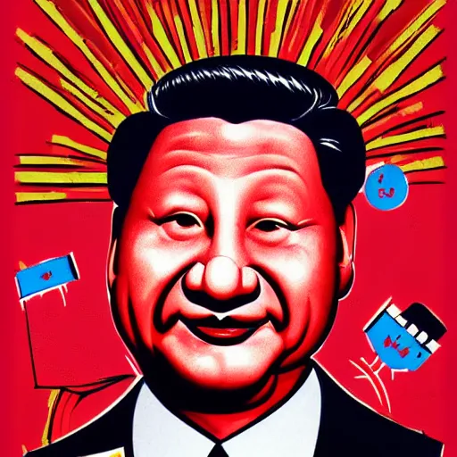 Prompt: xi jinping as communist clown, soviet propaganda style, vivid colors, detailed lines, dominating red color, detailed portrait, poster style