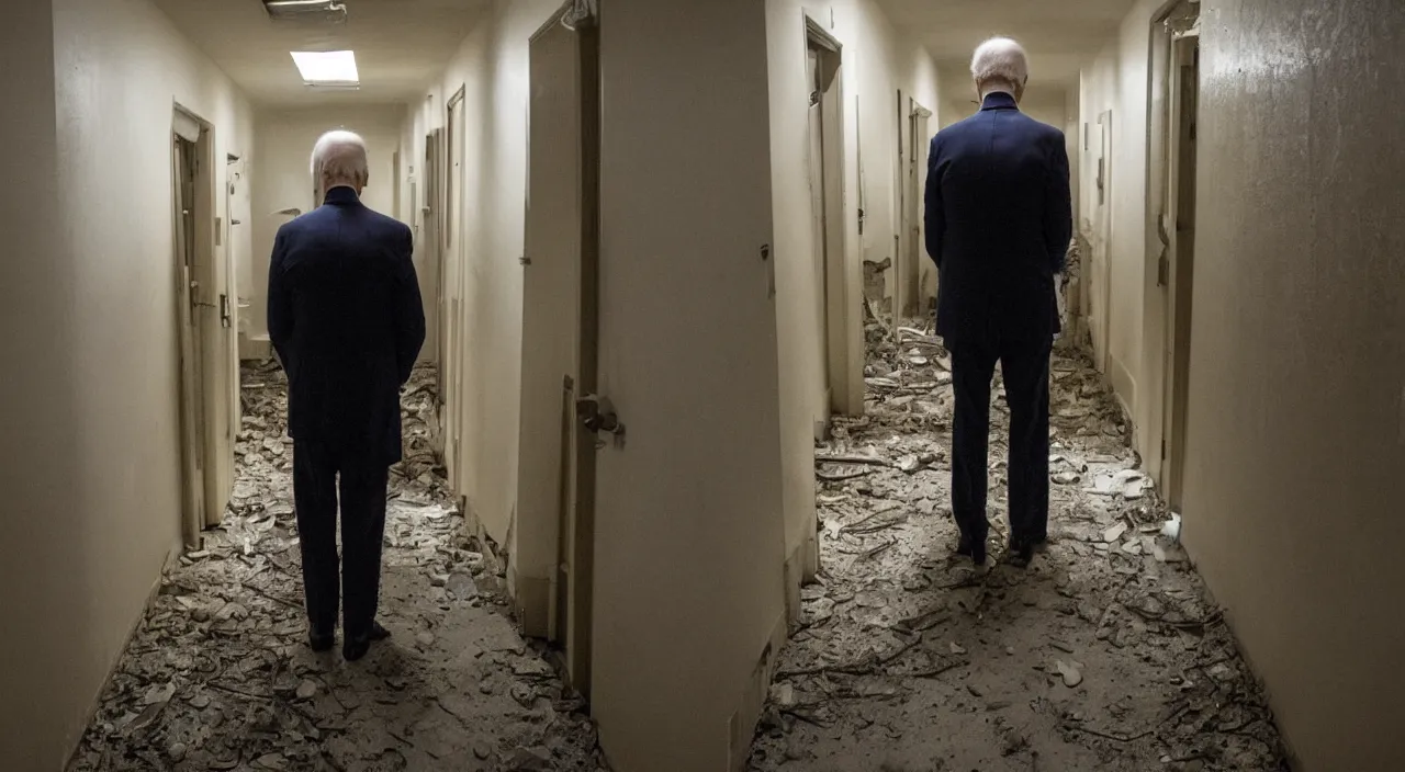 Image similar to unnerving and dark 4 k photograph of joe biden standing deep in the creepy hallways of an abandoned insane asylum