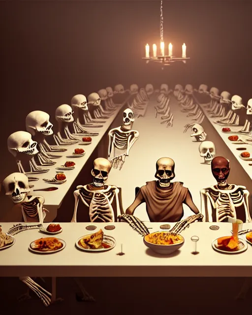 Image similar to last supper, all skeletons, true anatomy, artstation, unreal engine 5, octane rendered, by ilya kuvshinov, greg rutkowski and makoto shinkai, trending on artstation