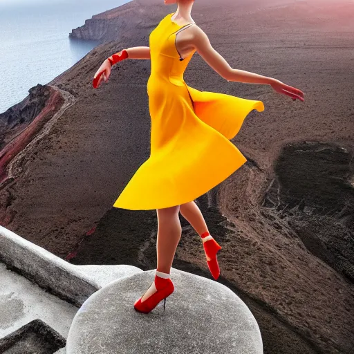 Image similar to beautiful modern dancer wearing a red and yellow and blue swirling dress, standing on a Santorini terrace looking down into the ocean, trending on artstation, cinematic, unreal 5, DAZ, hyperrealistic, octane render, dynamic lighting