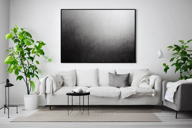 Image similar to highly detailed wide angle photograph, ikea style, light bloom, atmospheric, cinematic, minimalist contemporary modern design living room, cozy, calm, plants, big canvas art, hardwood floor, white walls, fabric and textiles