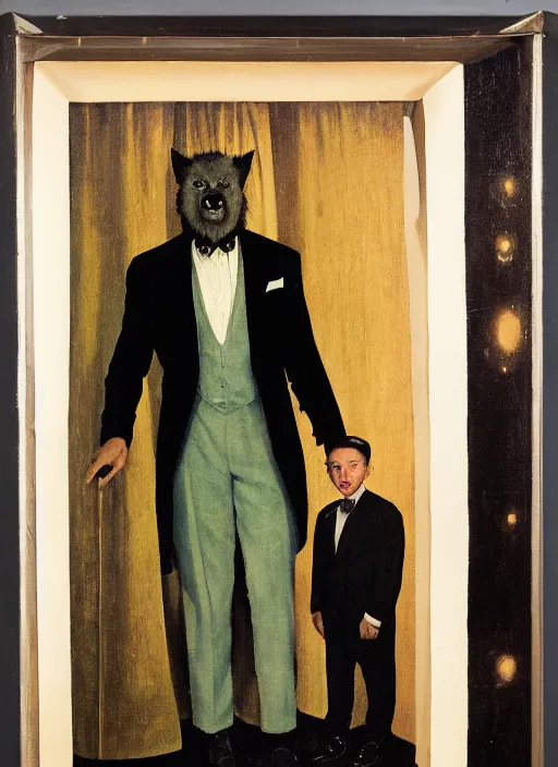 Prompt: full body and head portrait of a huge werewolf in a tuxedo in a dark and dingy dystopian apartment lit by green light, painted by norman rockwell and tom lovell and everett raymond kinstler