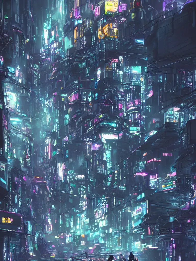 Image similar to futuristic cyberpunk street, cable stone ground. lots hanging cables, tiny wires on the ground. narrow, garbage on the ground. rain. fog, haze, evening. led screens. neon signs. ghost in the shell. very sharp. cables on the ground. very messy. futuristic. photorealistic. artstation. anime. studio gimbli style. golden rate.