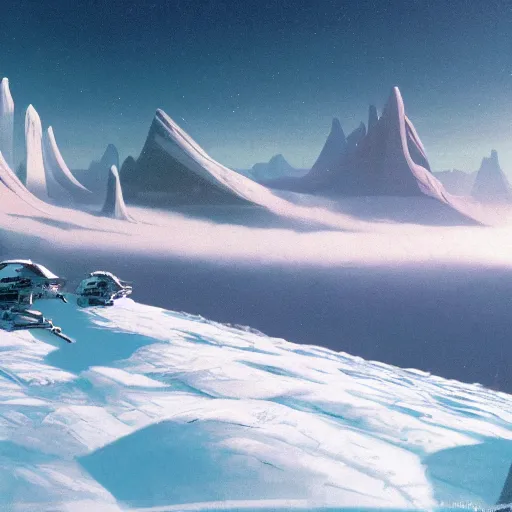 Image similar to Frozen frontiers on an alien planet, floating mountains above clouds in the background, vanishing perspective of a road, ravine, Syd Mead, John Harris, Federico Pelat,