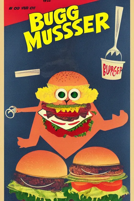 Image similar to burger monster, vintage kids horror movie poster