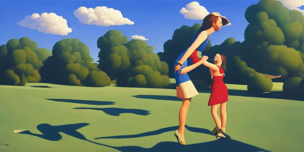 Prompt: sister dancing, blue sky, summer evening, kenton nelson