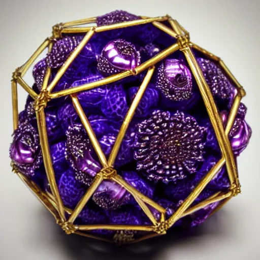 Prompt: ornate and intricate dodecahedron made of purple crystals and gold wires in the form of a anatomical correct skull, dark moody background