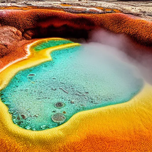 Prompt: a yellow and brown bacterial mat at a yellowstone hotspring, macro photography, extremely detailed