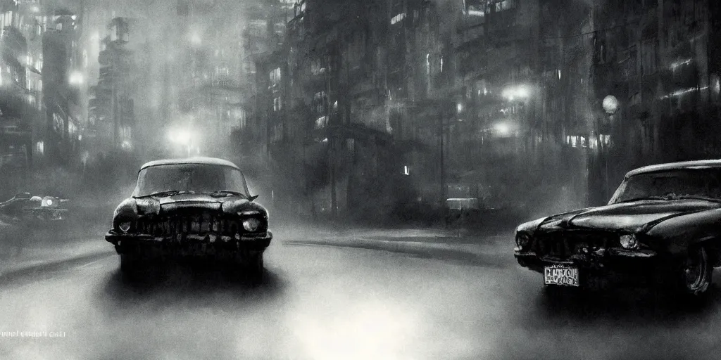 Prompt: a noir film scene, single character, old car, mist, foggy, mysterious, by yoji shinkawa