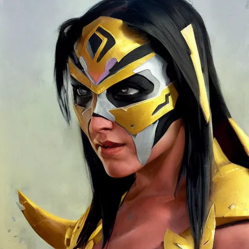 Prompt: greg manchess portrait painting of mileena from mortal kombat wearing a halfmask as overwatch character, medium shot, asymmetrical, profile picture, organic painting, sunny day, matte painting, bold shapes, hard edges, street art, trending on artstation, by huang guangjian and gil elvgren and sachin teng