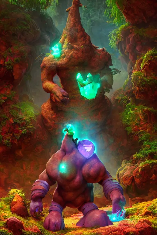 Image similar to arcane fantasy art giant golem elemental wood rock bastion forged gemstone enchanted forest troll, global illumination ray tracing hdr fanart arstation by sung choi and eric pfeiffer and gabriel garza and casper konefal lisa frank zbrush central hardmesh radiating a glowing aura