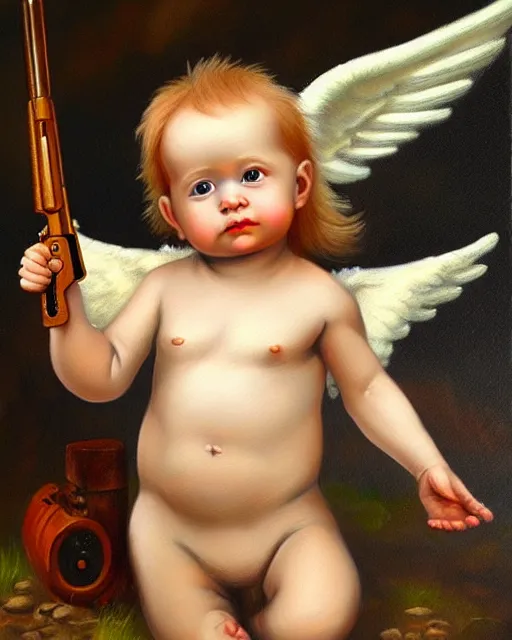 Prompt: fantasy art of a baby angel with shotgun, haven, detailed face, oil paint