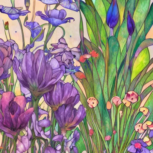 Prompt: synthetic elements of gouache painting of flowers and flower borders source material collection, style of studio ghibli, makoto shinkai, raphael lacoste, louis comfort tiffany, artgerm, james jean, ross tran