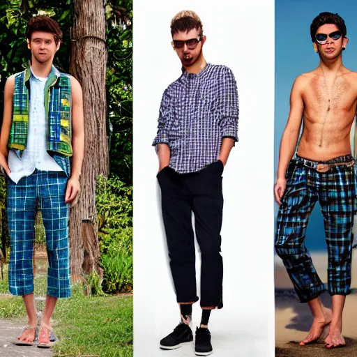 Prompt: a grid of four example outfits of full body male summer fashion, sustainable, solar punk aesthetic, beachy summery, comfortable, cool, breathable
