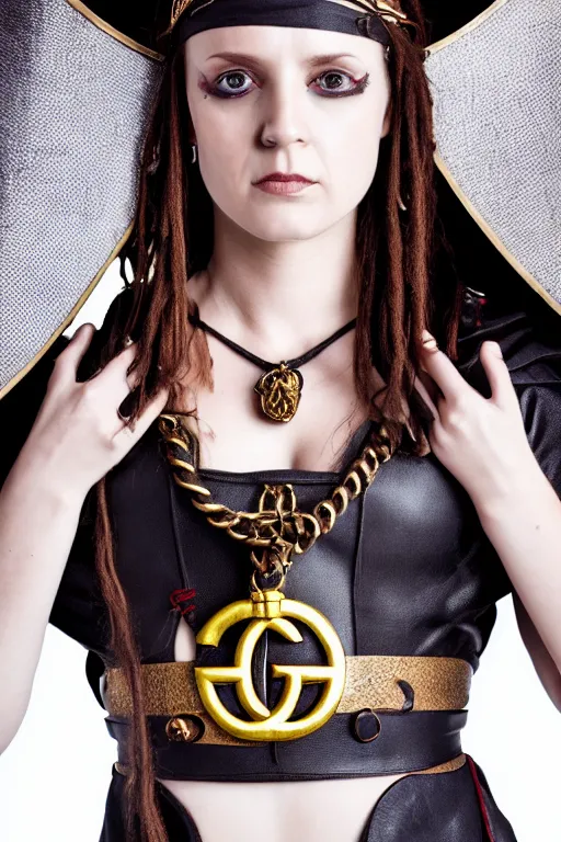 Image similar to medieval female pirate, designed by gucci, luxury materials, symmetrical, cinematic, elegant, professional studio light, real dlsr photography, sharp focus, 4 k, ultra hd, sense of awe, medieval high fashion