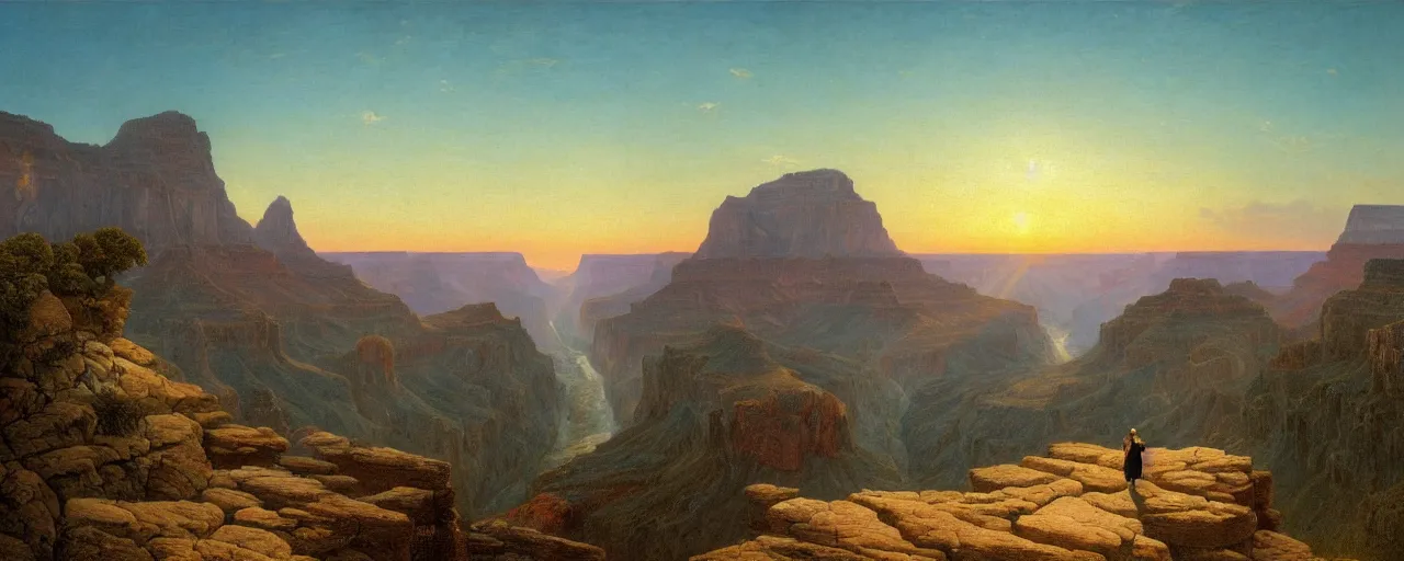 Image similar to romantic painting, wide shot of snuffleupagus in front of a the grand canyon at sunrise, highly detailed, sublime, hyperrealistic, painted by caspar david friedrich and albert bierstadt, trending on artstation 8 k
