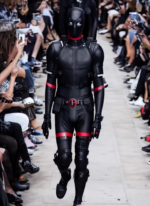 Image similar to hyperrealistic and heavy detailed balenciaga runway show of deadpool, leica sl 2 5 0 mm, vivid color, high quality, high textured, real life