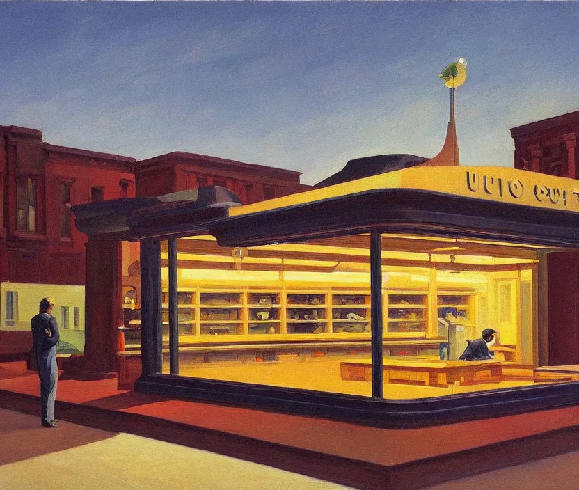 Prompt: a very detailed and aesthetic painting of a spaceship, in the style of edward hopper and hugo pondz,