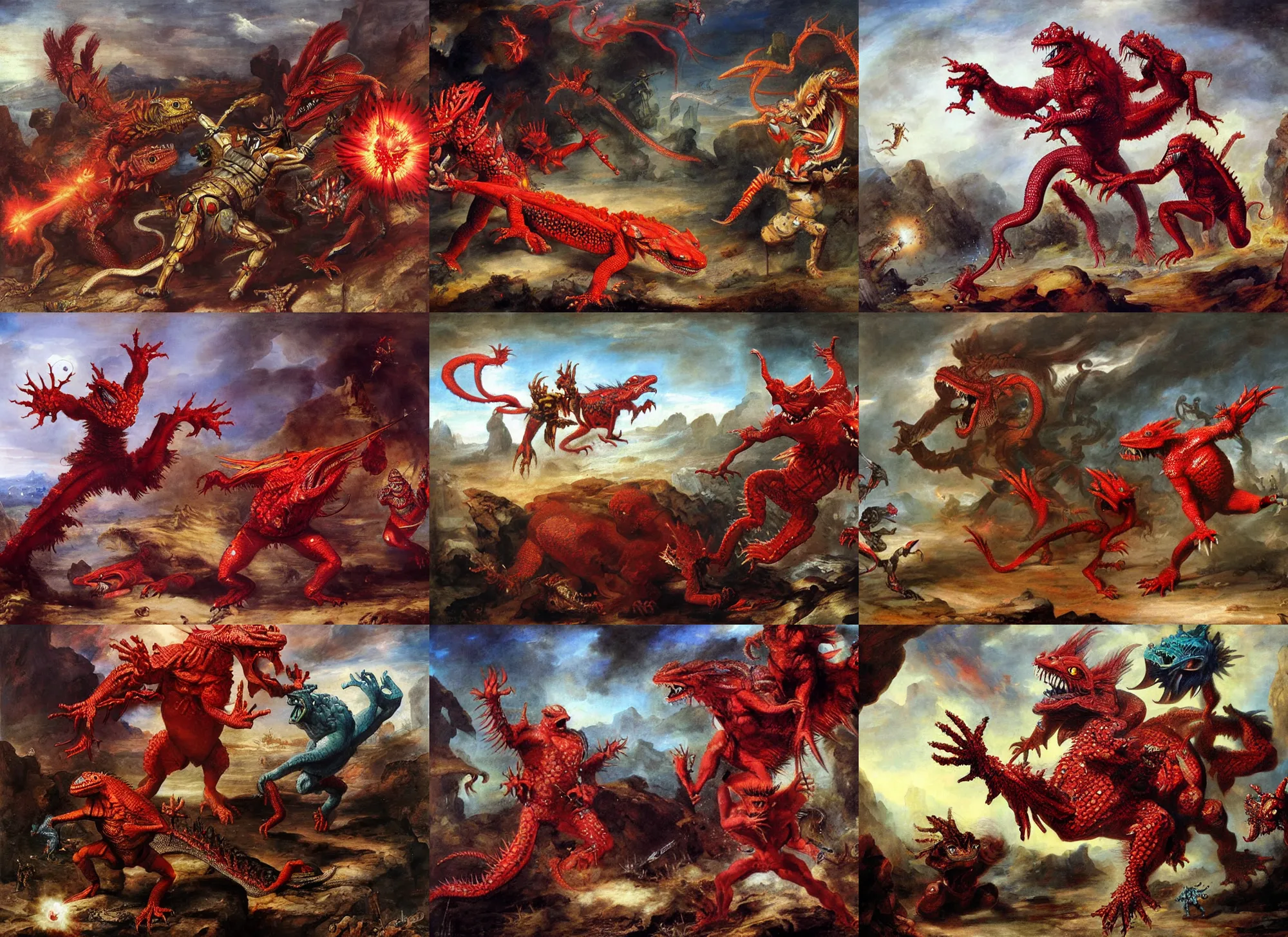 Prompt: battle between red crystal monsters and lizard aliens, painted by Jan Matejko