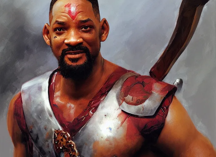 Image similar to a highly detailed beautiful portrait of will smith as kratos, by gregory manchess, james gurney, james jean