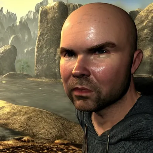 Prompt: a screenshot of karl pilkington in the video game skyrim. 3 d rendering, unreal engine. amazing likeness. very detailed. cartoon caricature