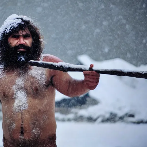 Prompt: photograph of caveman in Dhaka city during snowfall