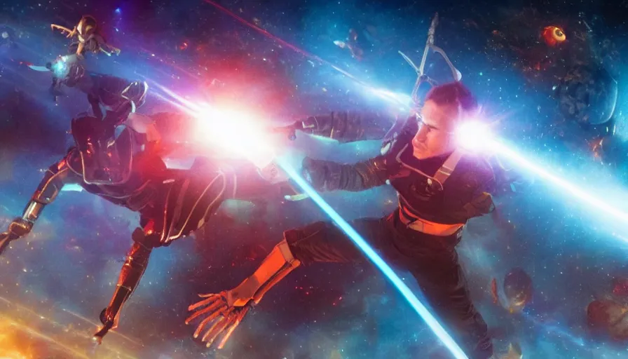 Prompt: big budget scifi movie about space wizards fighting with laser swords on a spaceship