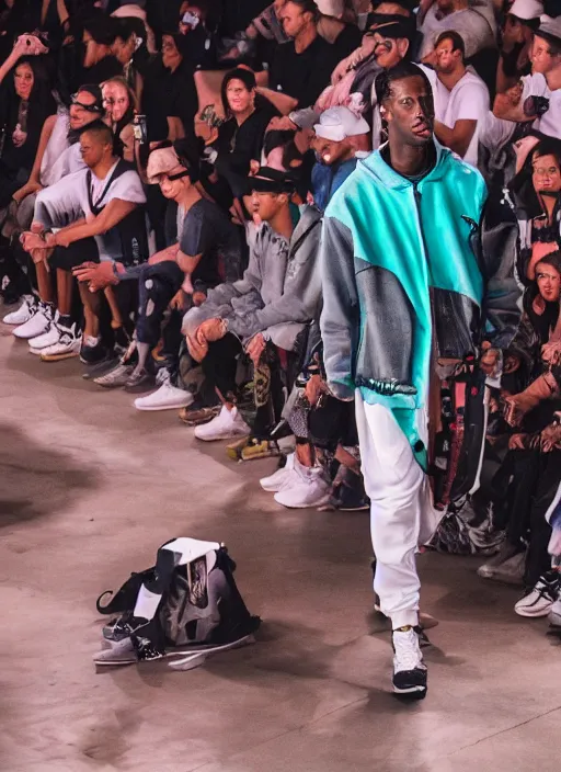 Image similar to hyperrealistic and heavy detailed nike runway show of travis scott, leica sl 2 5 0 mm, vivid color, high quality, high textured, real life