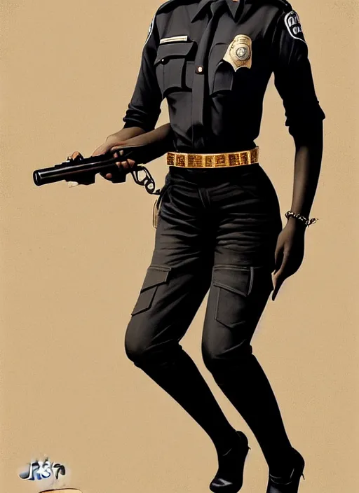 Image similar to full body portrait of young black woman as a police officer holding handcuffs, police uniform, intricate, beautiful and elegant, highly detailed, digital painting, artstation, concept art, smooth, sharp focus, illustration, art by wlop, mars ravelo and greg rutkowski