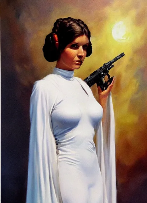 Image similar to oil painting of Princess Leia white ceremony gown by frank frazetta alluring pin up deviant art