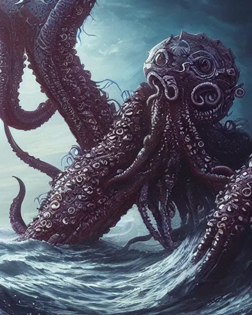 Image similar to A sea color Kraken, terrifying, highly detailed, fantasy art, monster art, in the style of greg rutkowski, illustration, epic, fantasy, intricate, hyper detailed, artstation, concept art, smooth, sharp focus, ray tracing