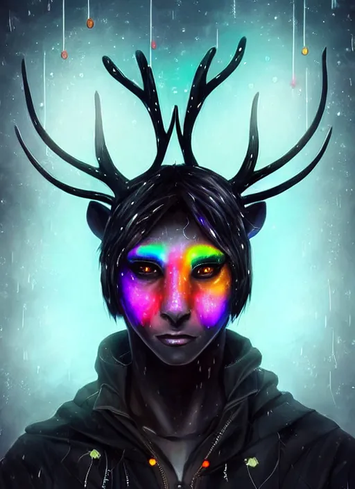 Image similar to award winning beautiful portrait commission of a male furry anthro Black Reindeer cyberpunk fursona with a tail, wings, wings, wings and a cute beautiful attractive detailed furry face wearing a crown, stylish black and rainbow galaxy clothes, outline, in a cyberpunk city at night while it rains. Character design by charlie bowater, ross tran, artgerm, and makoto shinkai, detailed, inked, western comic book art