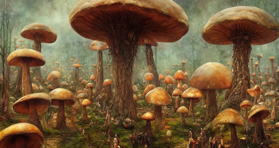 Image similar to A tribal village in a forest of giant mushrooms, by Karol Bak, by Gainax Co,