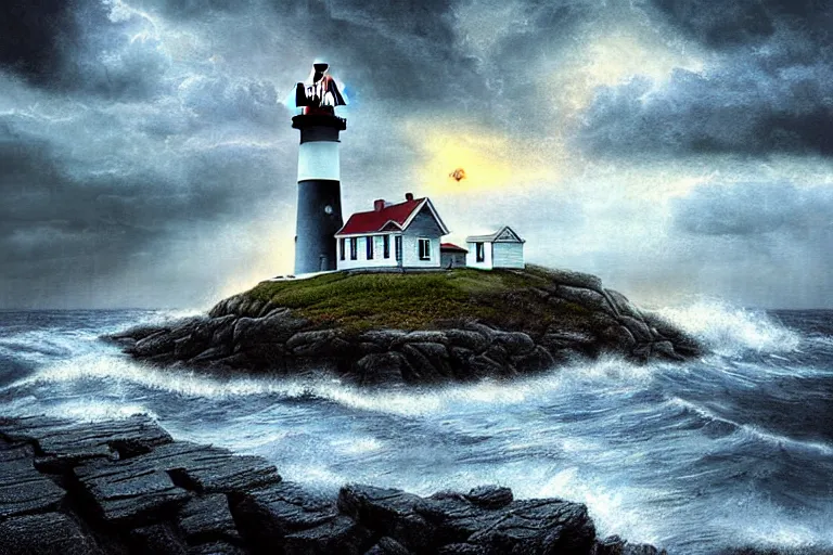 Prompt: hdr lighthouse cove in new england, stormy matte painting by andrea kowch, detailed realistic